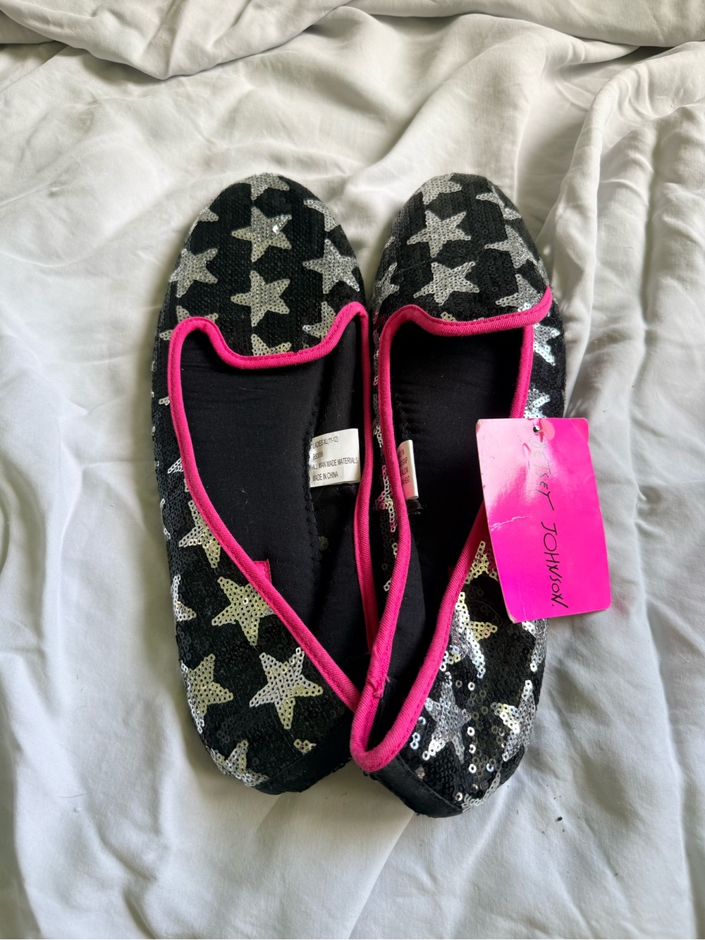 Betsey Johnson Black Sequin Star Ballet Flats with Hot Pink Trim